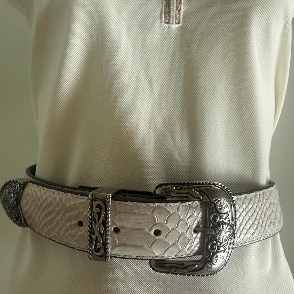 Genuine leather belt with silver buckle and ornate detailing 36-40"